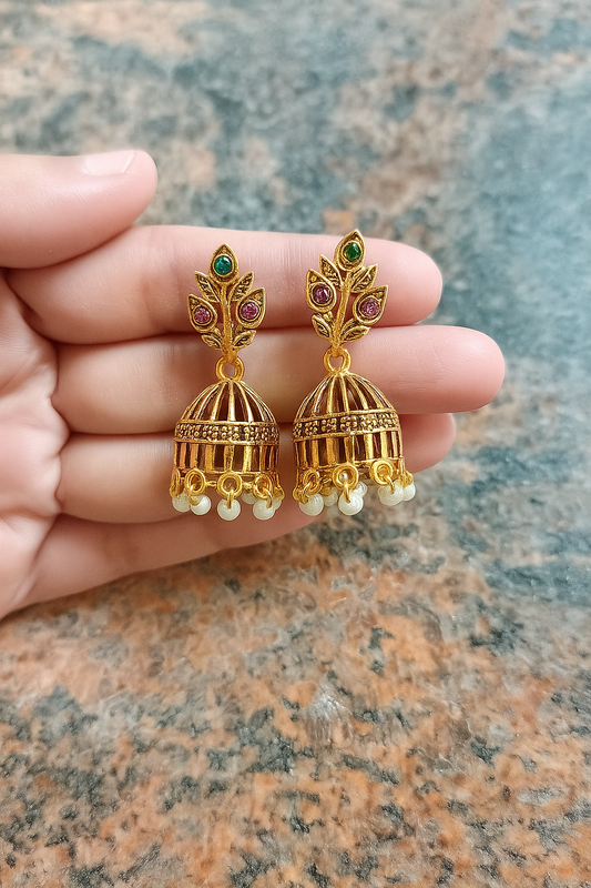 Elegant Gold-Toned Jhumka Earrings with Colorful Stone Accents