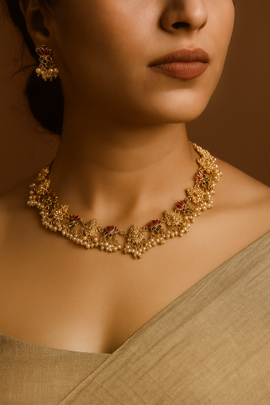 "Elegant Gold-Plated Temple Necklace Set with Lotus Motifs & Pearl Drops"
