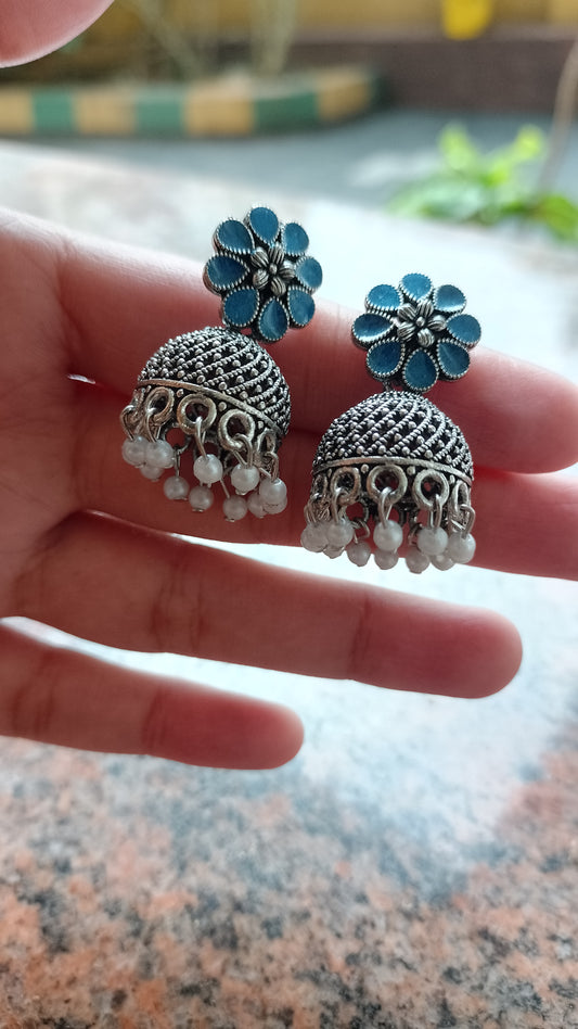 Blue Floral Jhumka Earrings – Oxidized Silver Finish