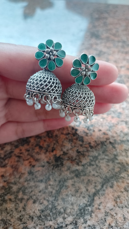 Green Floral Stud Oxidized Jhumka Earrings
