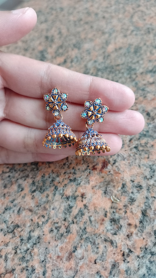 Golden Floral Stud Jhumka Earrings with Blue Detailing