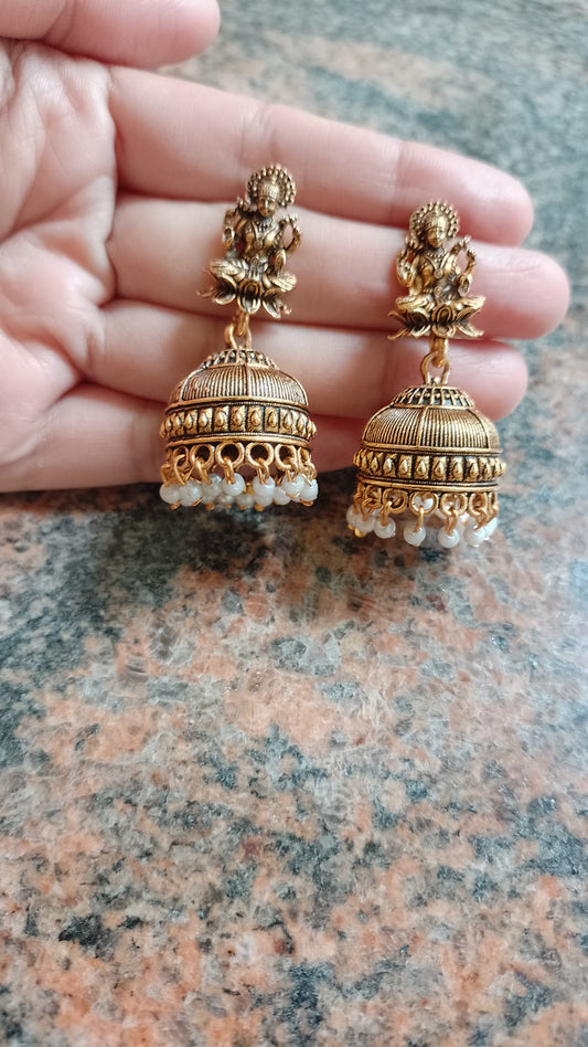 Antique Gold Goddess Lakshmi Jhumka Earrings with Pearl Drops