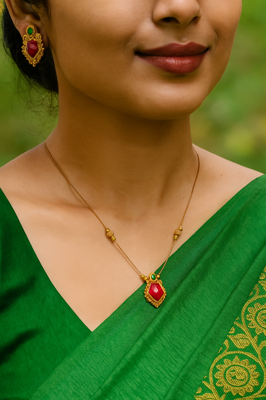 Elegant Gold Necklace & Earrings Set with Red and Green Gemstones
