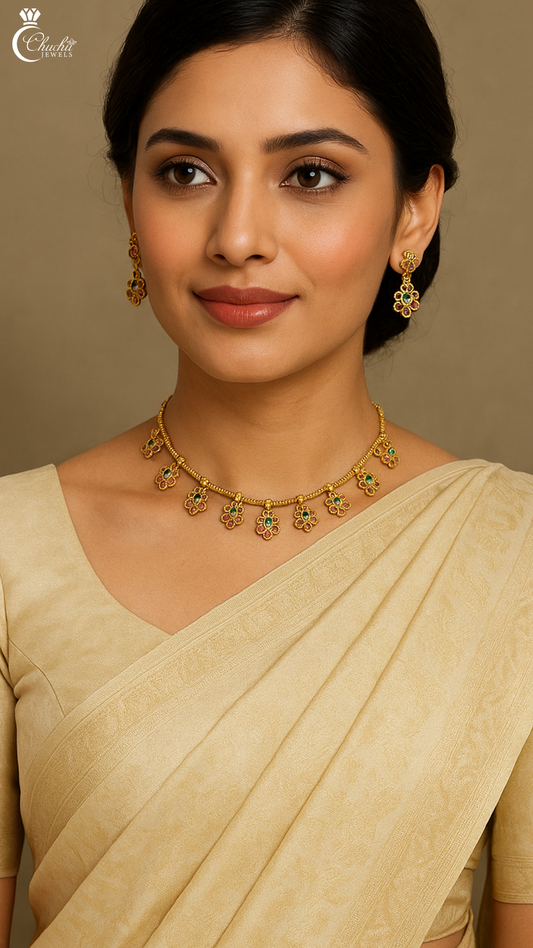 Elegant Gold Necklace & Earrings Set with Green and Red Stone Detailing – Traditional Saree Jewelry
