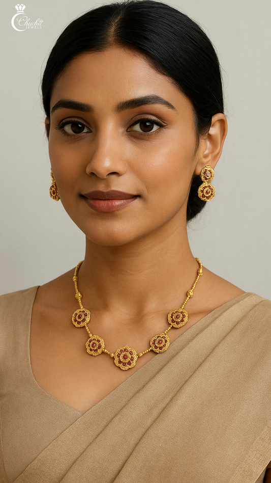 Floral Gold Necklace & Earrings Set – Elegant Traditional Jewelry for Sarees & Special Occasions