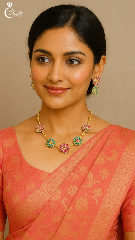 Floral Stone Necklace & Earrings Set – Elegant Traditional Jewelry for Women