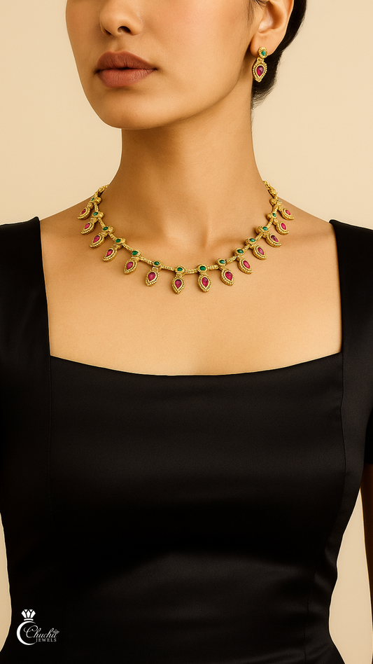Gold-Plated Necklace with Ruby & Emerald Stones – Traditional Jewelry